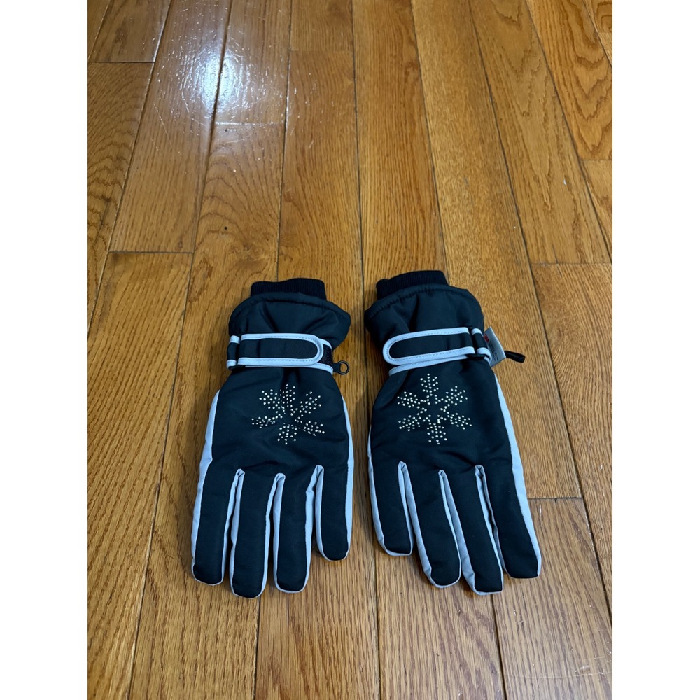 Black 3M Thinsulate Insulated Ski Gloves Rhinestone Snowflake Women